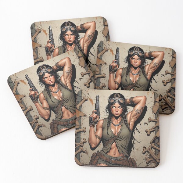 Item preview, Steampunk Girl wielding a gun lying on bones wearing a leather vest on a detailed industrial background designed and sold by Vintage Designs +.
