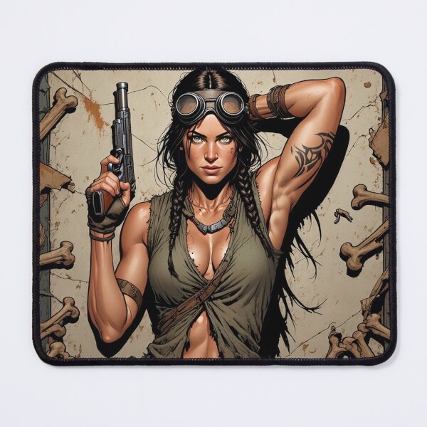 Item preview, Steampunk Girl wielding a gun lying on bones wearing a leather vest on a detailed industrial background designed and sold by Vintage Designs +.