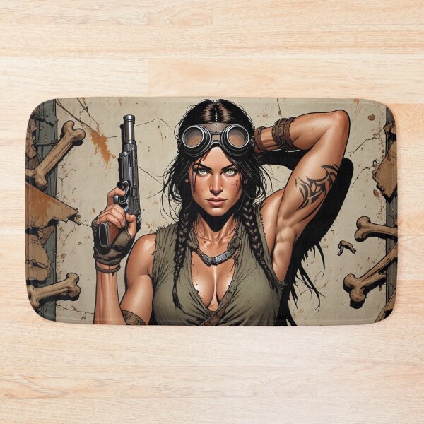 Item preview, Steampunk Girl wielding a gun lying on bones wearing a leather vest on a detailed industrial background designed and sold by Vintage Designs +.