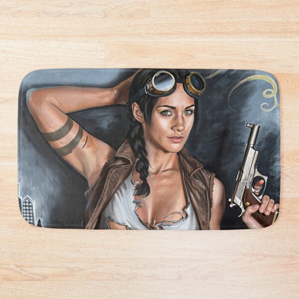 Item preview,  Steampunk Girl wielding a gun lying on bones wearing a leather vest on a detailed industrial background designed and sold by Vintage Designs +.