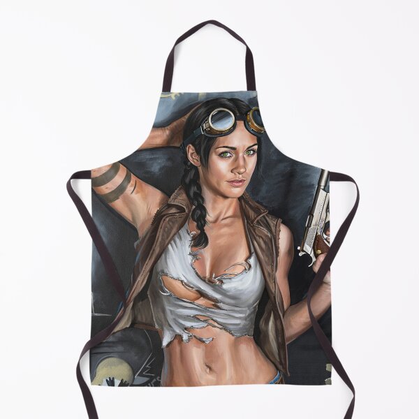 Item preview, Steampunk Girl wielding a gun lying on bones wearing a leather vest on a detailed industrial background designed and sold by Vintage Designs +.