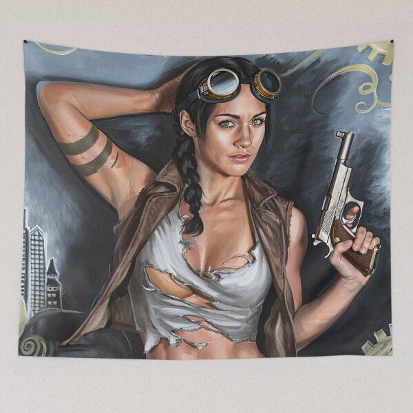 Item preview,  Steampunk Girl wielding a gun lying on bones wearing a leather vest on a detailed industrial background designed and sold by Vintage Designs +.