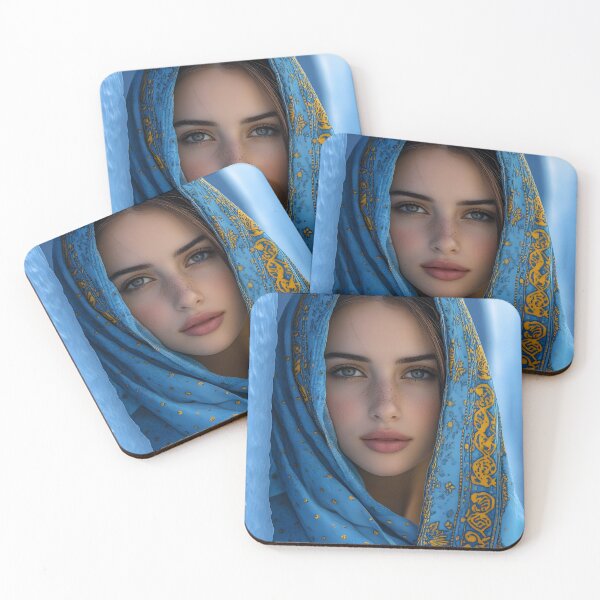Item preview, Portrait of woman in vibrant blue and gold shawl designed and sold by Artessie.