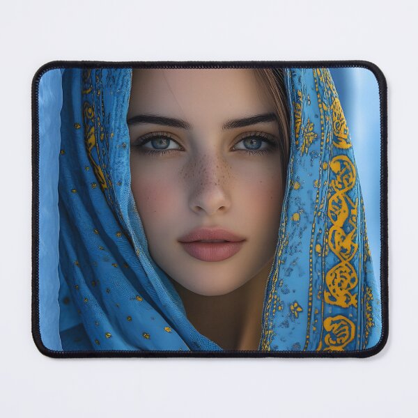 Item preview, Portrait of woman in vibrant blue and gold shawl designed and sold by Artessie.