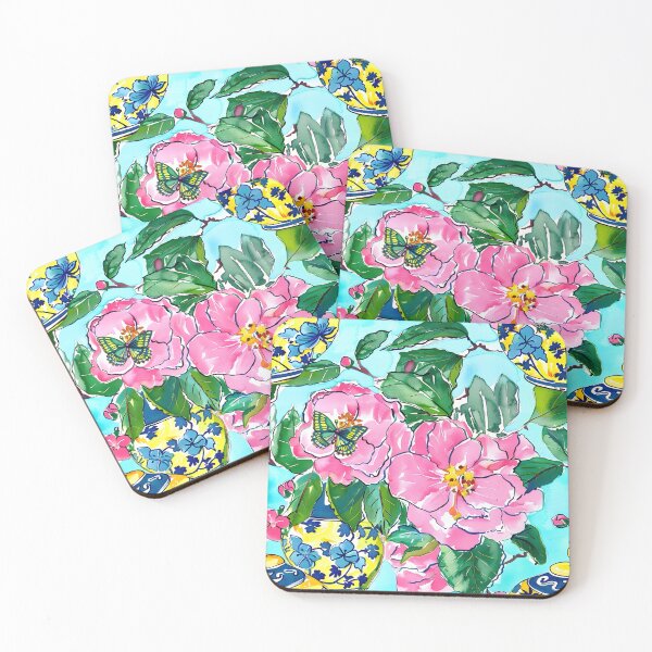 Item preview, Peonies, ginger jars and Monarch Butterflies on turquoise designed and sold by SophieClimaArt.