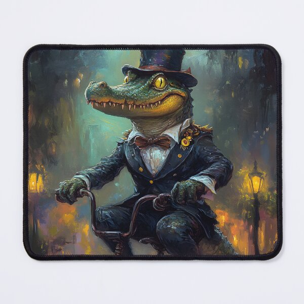 Item preview, Stylish alligator riding bicycle on cobblestone street designed and sold by Artessie.