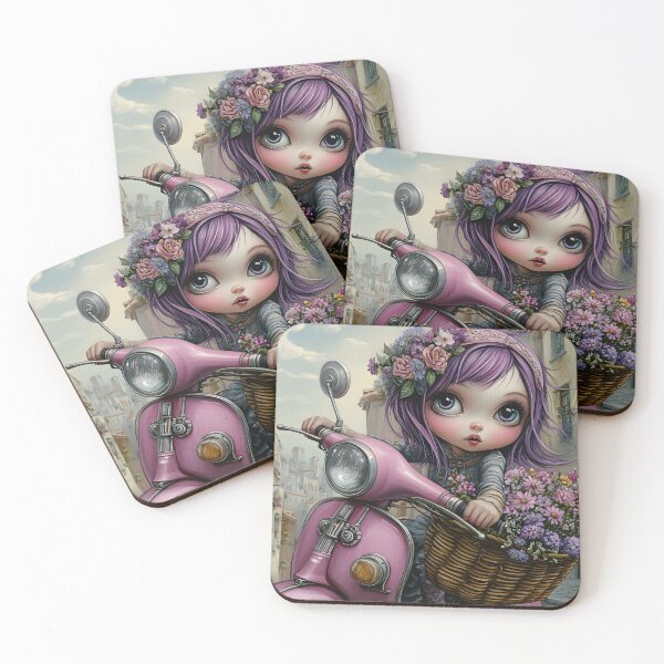 Item preview, Whimsical girl on pink scooter in cobblestone street. designed and sold by Artessie.