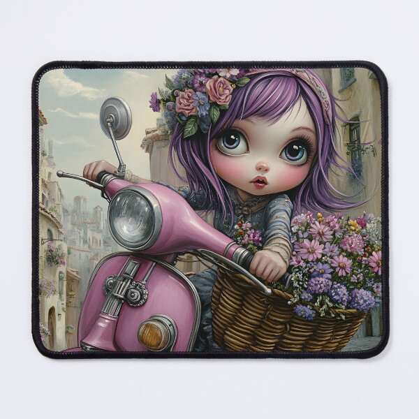 Item preview, Whimsical girl on pink scooter in cobblestone street. designed and sold by Artessie.