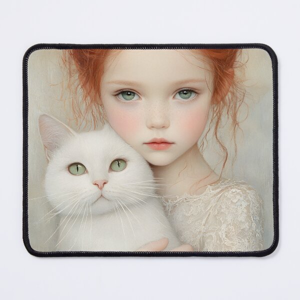 Item preview, Girl with red hair holding a white fluffy cat softly designed and sold by Artessie.