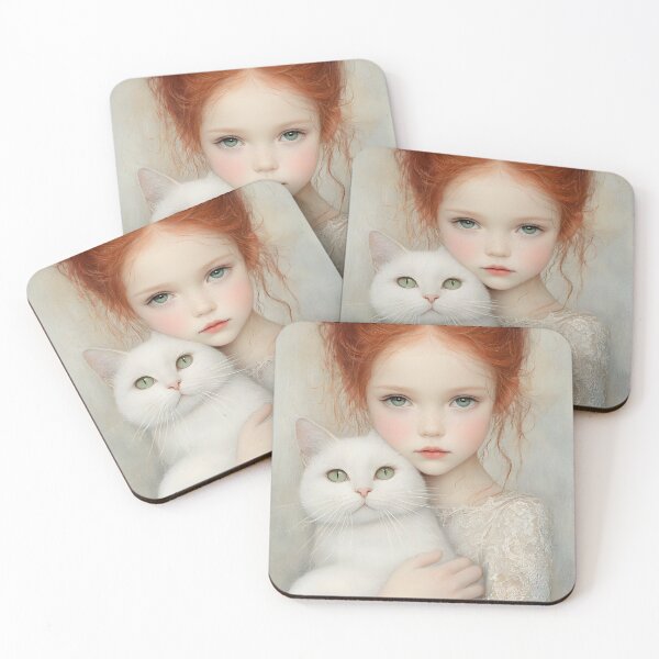 Item preview, Girl with red hair holding a white fluffy cat softly designed and sold by Artessie.