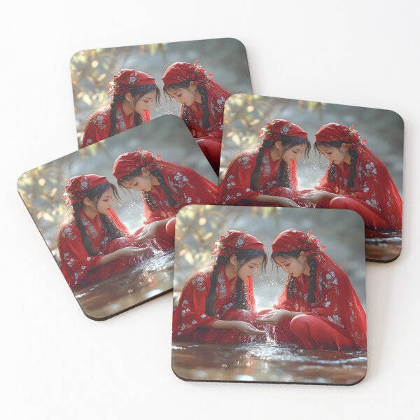 Item preview, Two women in red attire by river showing harmony designed and sold by Artessie.