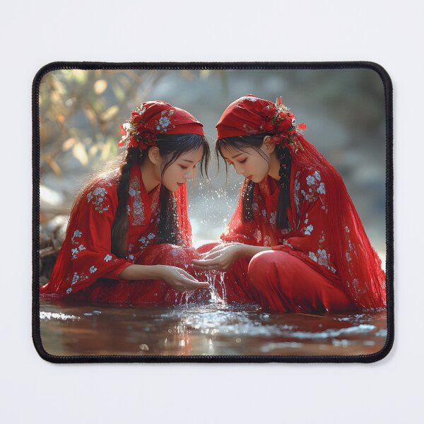 Item preview, Two women in red attire by river showing harmony designed and sold by Artessie.