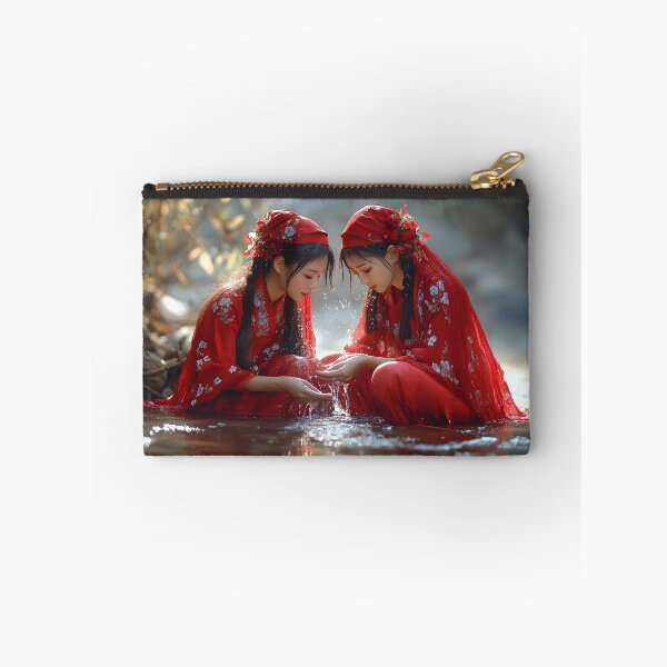 Item preview, Two women in red attire by river showing harmony designed and sold by Artessie.