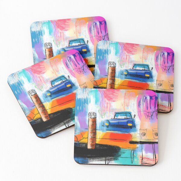 Item preview, Vibrant City Escape - Blue Car, Cigar, and Whiskey Glasses in a Dynamic Abstract Setting designed and sold by OlfactoART Studio.