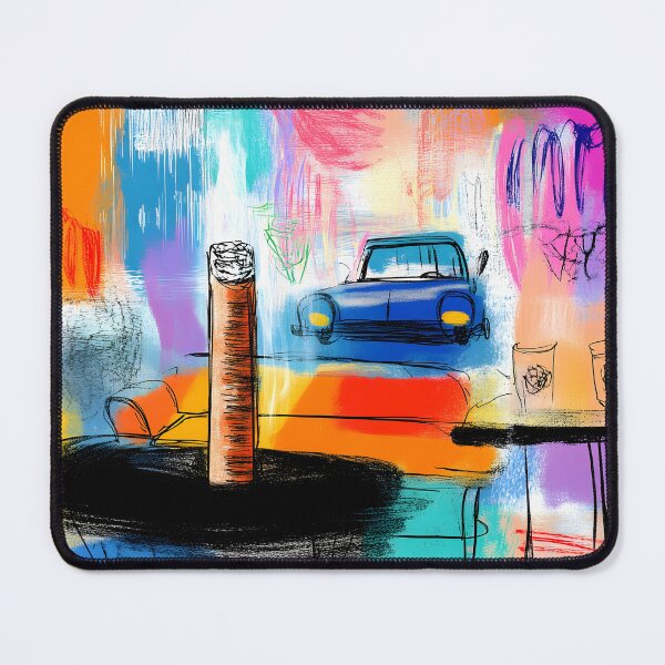 Item preview, Vibrant City Escape - Blue Car, Cigar, and Whiskey Glasses in a Dynamic Abstract Setting designed and sold by OlfactoART Studio.