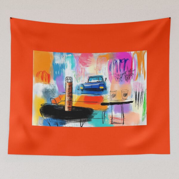 Item preview, Vibrant City Escape - Blue Car, Cigar, and Whiskey Glasses in a Dynamic Abstract Setting designed and sold by OlfactoART Studio.