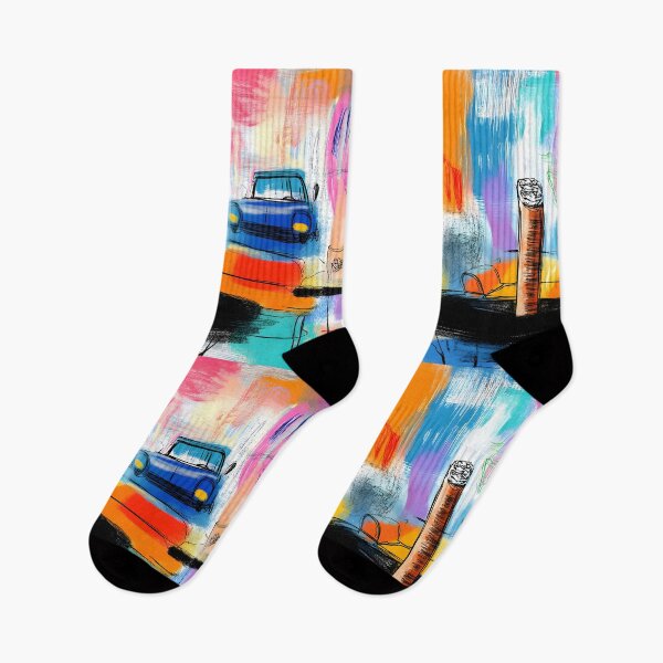 Item preview, Vibrant City Escape - Blue Car, Cigar, and Whiskey Glasses in a Dynamic Abstract Setting designed and sold by OlfactoART Studio.