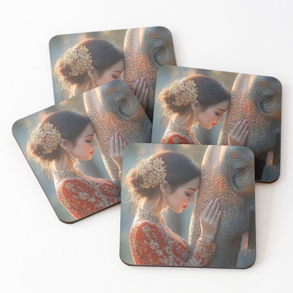 Item preview, Elegantly dressed woman embraces an elephant lovingly. designed and sold by Artessie.