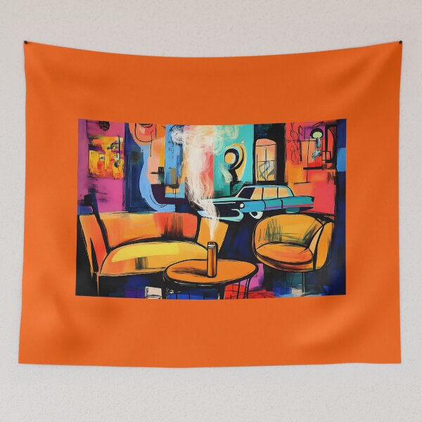 Item preview, Vibrant Lounge Escape - Bold Colors, Classic Car, and Smoldering Cigar in Abstract Setting designed and sold by OlfactoART Studio.