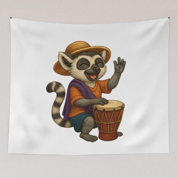 Item preview, Lemur Drumming Joyfully Embroidered Patch Madagascar Style designed and sold by #Adulting Central.