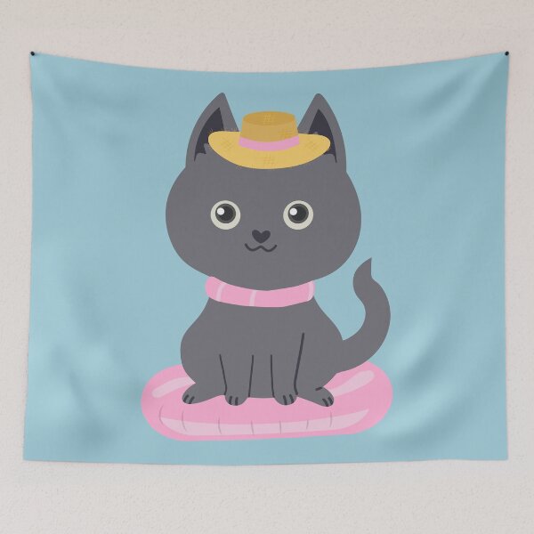 Item preview, Flat Design Summer Illustration with Gray Cat	 designed and sold by AlginaPugachova.