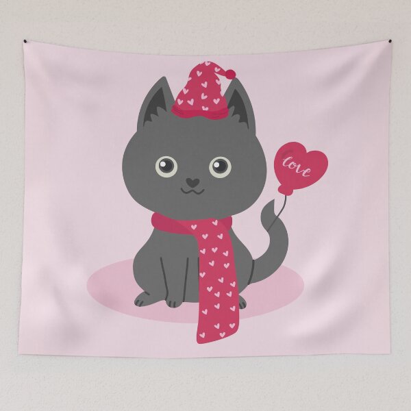 Item preview, Flat Design Love Illustration with Gray Cat wearing Hat and Scarf, Balloon	 designed and sold by AlginaPugachova.