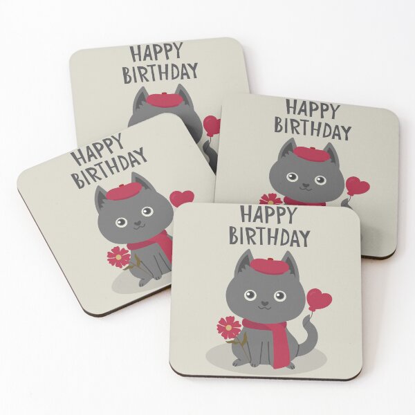 Item preview, Flat Design Illustration Happy Birthday with Grey Cat and Flower,Balloon	 designed and sold by AlginaPugachova.
