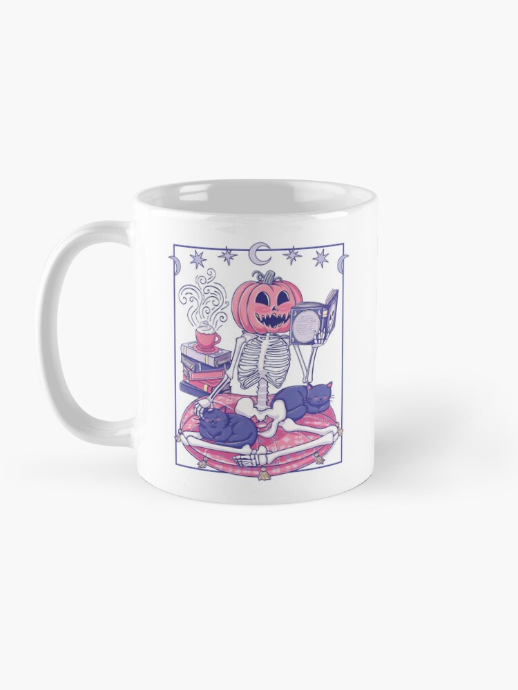 Thumbnail 3 of 6, Coffee Mug, Cute Pumpkin-Head Skeleton Reading With Cats designed and sold by StudioFloraLuna.