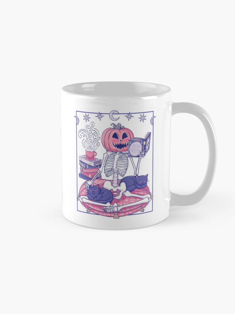 Thumbnail 5 of 6, Coffee Mug, Cute Pumpkin-Head Skeleton Reading With Cats designed and sold by StudioFloraLuna.