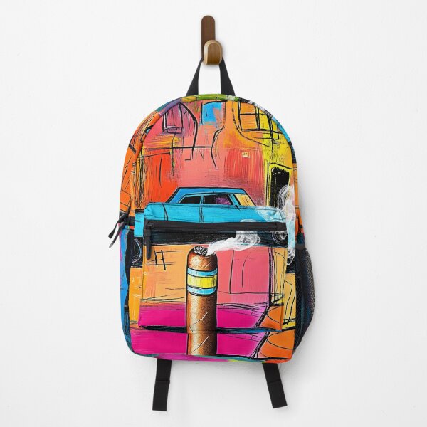 Artikelvorschau, Zigarren- und Oldtimer-Vibes – Eine mutige und farbenfrohe urbane Straßenszene, abstrakte digitale KI-Kunst entworfen und verkauft von OlfactoART Studio.