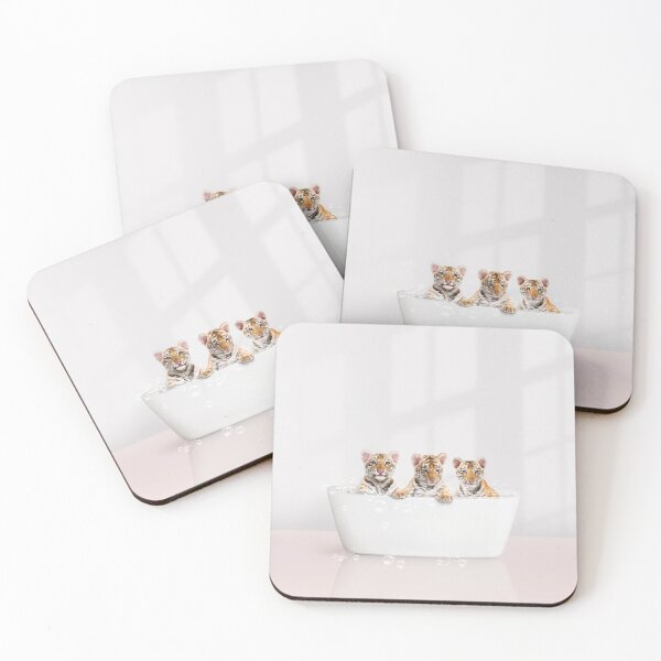 Item preview, Three Baby Tigers in Modern Bathtub Pink Print, Tiger Cub Bathing, Animals in Bathtub Art by Synplus designed and sold by synplus.