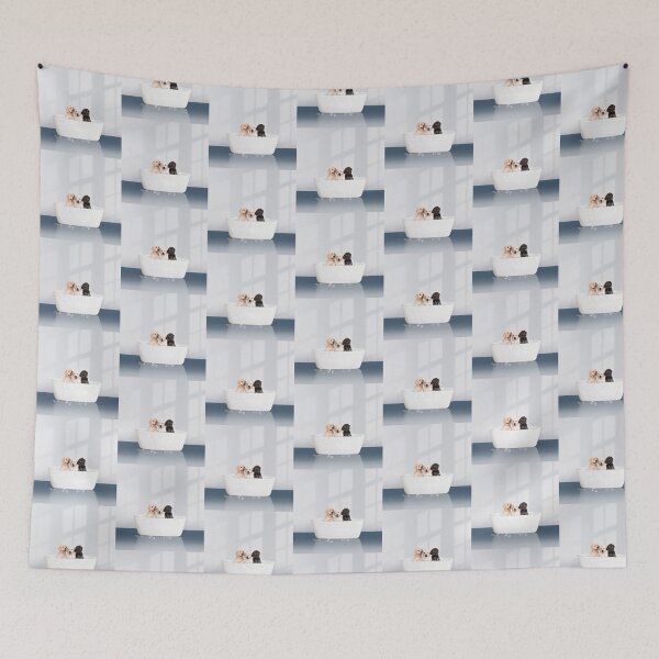 Item preview, Three Puppies in Modern Bathtub Blue Print, Puppy Golden Retriever, Puppy Bathing, Animals in Bathtub Art by Synplus designed and sold by synplus.