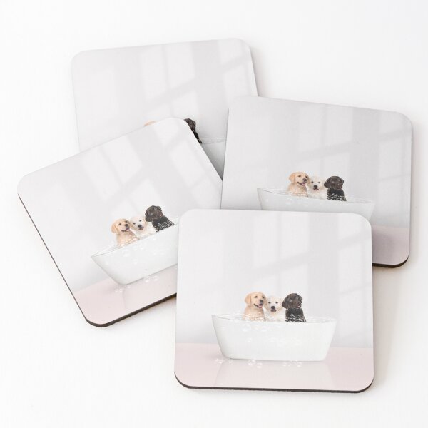 Item preview, Three Puppies in Modern Bathtub Pink Print, Puppy Golden Retriever, Puppy Bathing, Animals in Bathtub Art by Synplus designed and sold by synplus.