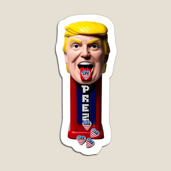 Vista previa del artículo con la obra «Dispensador de caramelos PEZ "PREZ" de Trump con la bandera de EE. UU. en forma de corazón y la frase "LIES"», diseñado y vendido por bitebackcobbc.