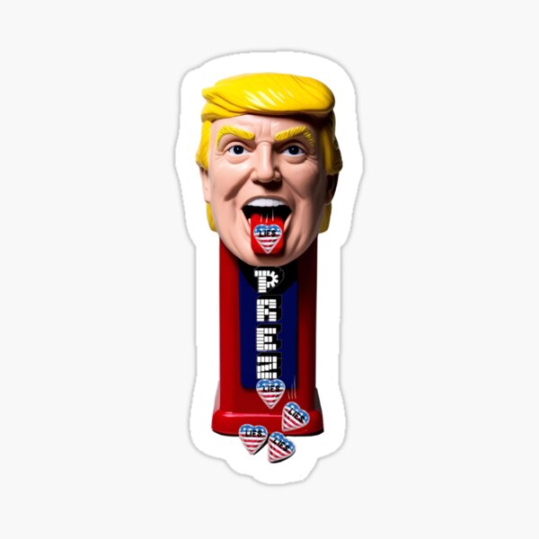 Vista previa del artículo con la obra «Dispensador de caramelos PEZ "PREZ" de Trump con la bandera de EE. UU. en forma de corazón y la frase "LIES"», diseñado y vendido por bitebackcobbc.