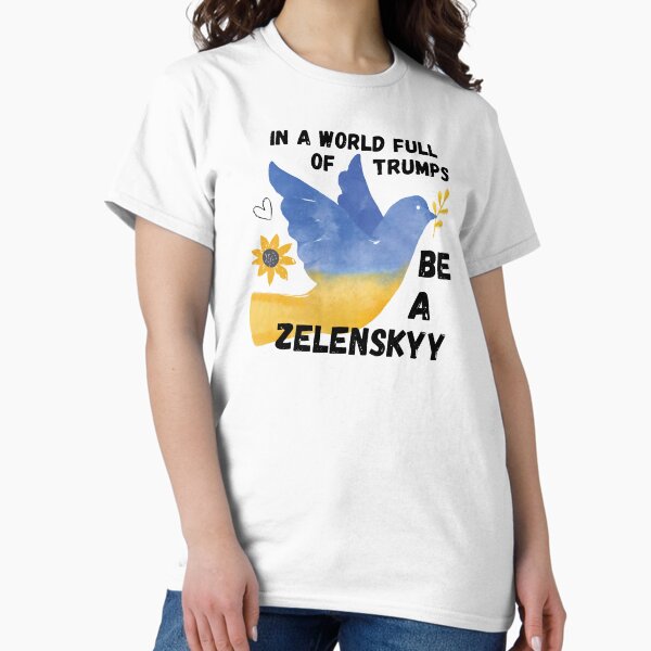 Vista previa del artículo con la obra «En un mundo lleno de Trumps: Sé un Zelenskyy Retro Peace Bird FDT», diseñado y vendido por inkygreenshop.
