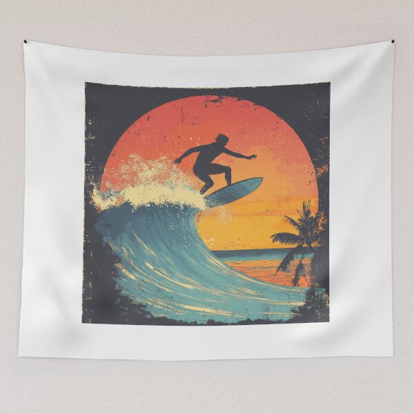 Item preview, Retro Surfer Catching a Wave at Sunset designed and sold by AchaRat.