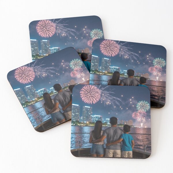 Item preview, Festive mood - celebrating holiday in a boat watching city scape lighted with colourful fire works designed and sold by PunArtistry.