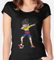Colombia Dabbing Soccer Girl With Soccer Ball And National Team Flag Football Fan Design Women's Fitted Scoop T-Shirt