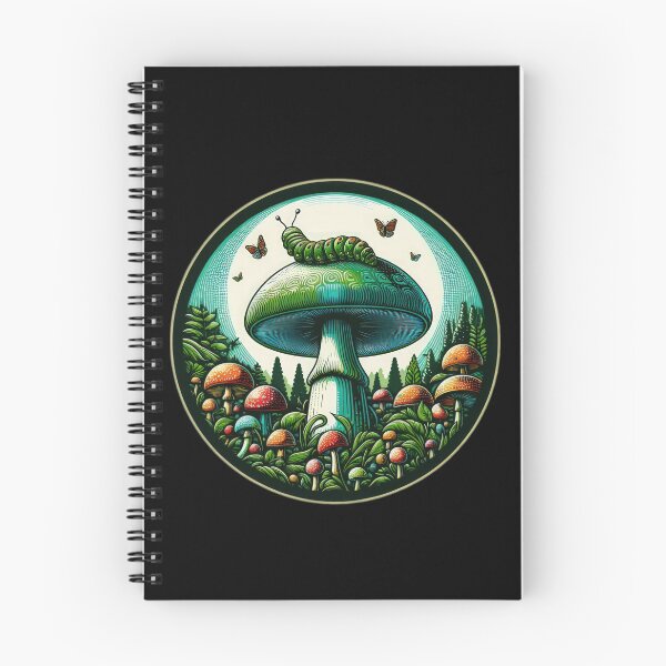 Item preview, Vintage Flowers green mushroom with caterpillar at night, Vintage caterpillar,Mushroom Art,Vintage mushroom designed and sold by Expressions-Sel.