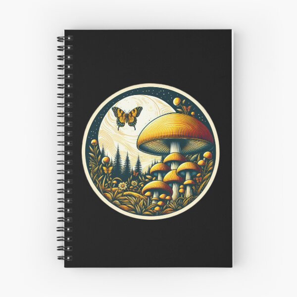 Item preview, Vintage Flowers yellow mushrooms in the forest with a full moon and a butterfly, Vintage butterfly,Mushroom Art,Vintage mushroom designed and sold by Expressions-Sel.