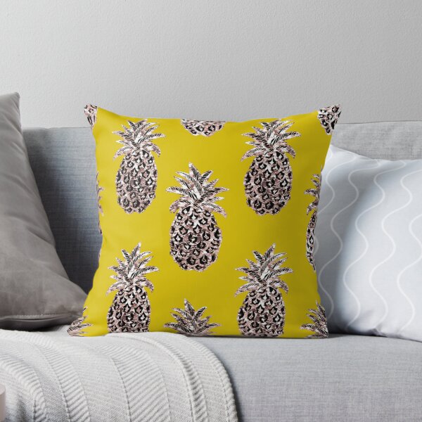 Mustard yellow, Gold Pineapples on Mustard yellow Throw Pillow