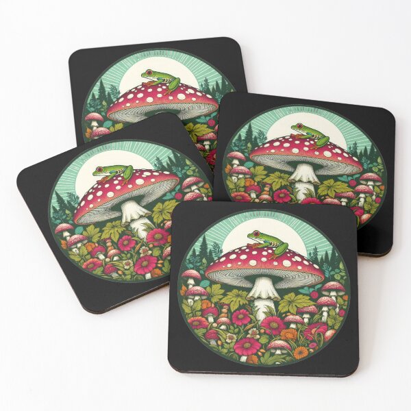 Item preview, Vintage Flowers frog on a red mushroom with white dots and flowers and a full moon, Vintage frog,Mushroom Art,Vintage mushroom designed and sold by Expressions-Sel.