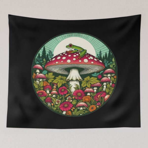 Item preview, Vintage Flowers frog on a red mushroom with white dots and flowers and a full moon, Vintage frog,Mushroom Art,Vintage mushroom designed and sold by Expressions-Sel.