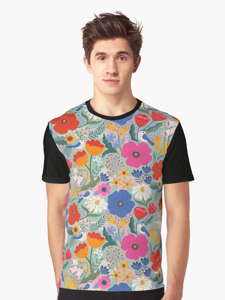 Thumbnail 1 of 5, Graphic T-Shirt, Maxi Summer Floral with birds - cute pattern by Cecca Designs designed and sold by Cecca-Designs.