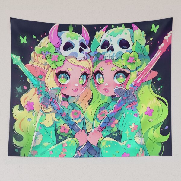 Item preview, Fantasy Warrior Twin Anime Girls designed and sold by bubblegoth.