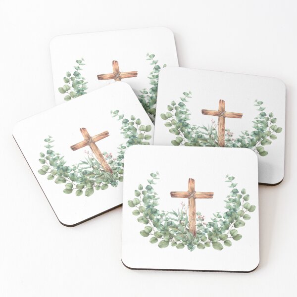 Item preview, Wooden Cross with green eucalyptus branch. Watercolor painted religious clipart designed and sold by BartolArt.