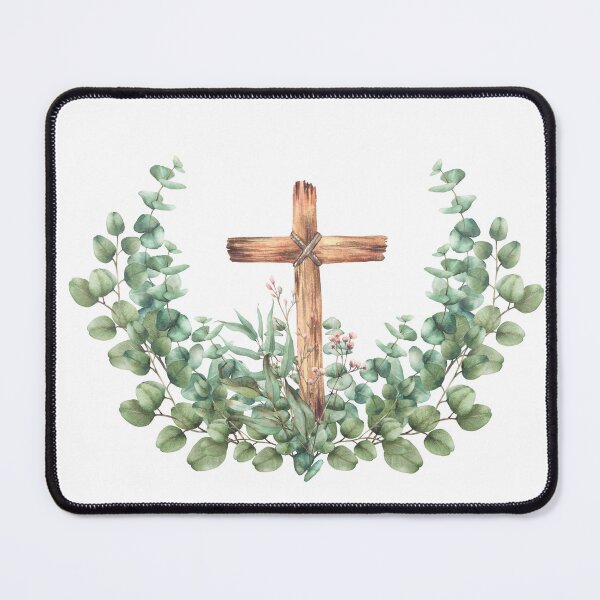 Item preview, Wooden Cross with green eucalyptus branch. Watercolor painted religious clipart designed and sold by BartolArt.