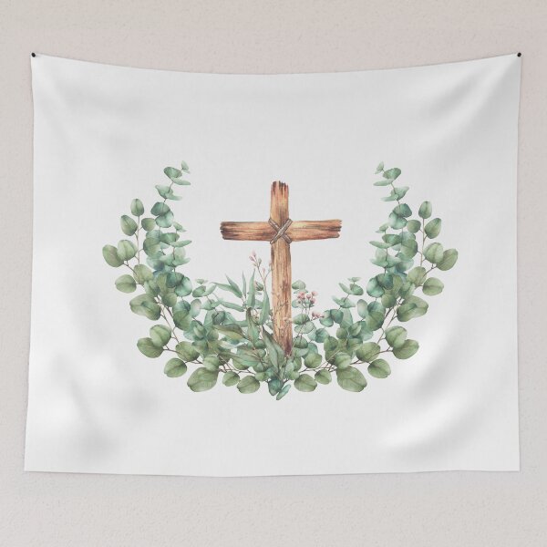Item preview, Wooden Cross with green eucalyptus branch. Watercolor painted religious clipart designed and sold by BartolArt.
