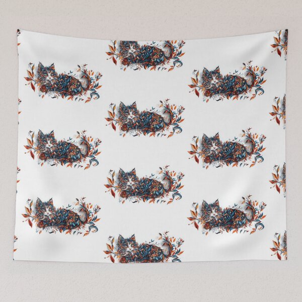 Item preview, Floral Cat Illustration – Surreal Botanical Feline Art in Orange and Blue designed and sold by The Art Morpher.